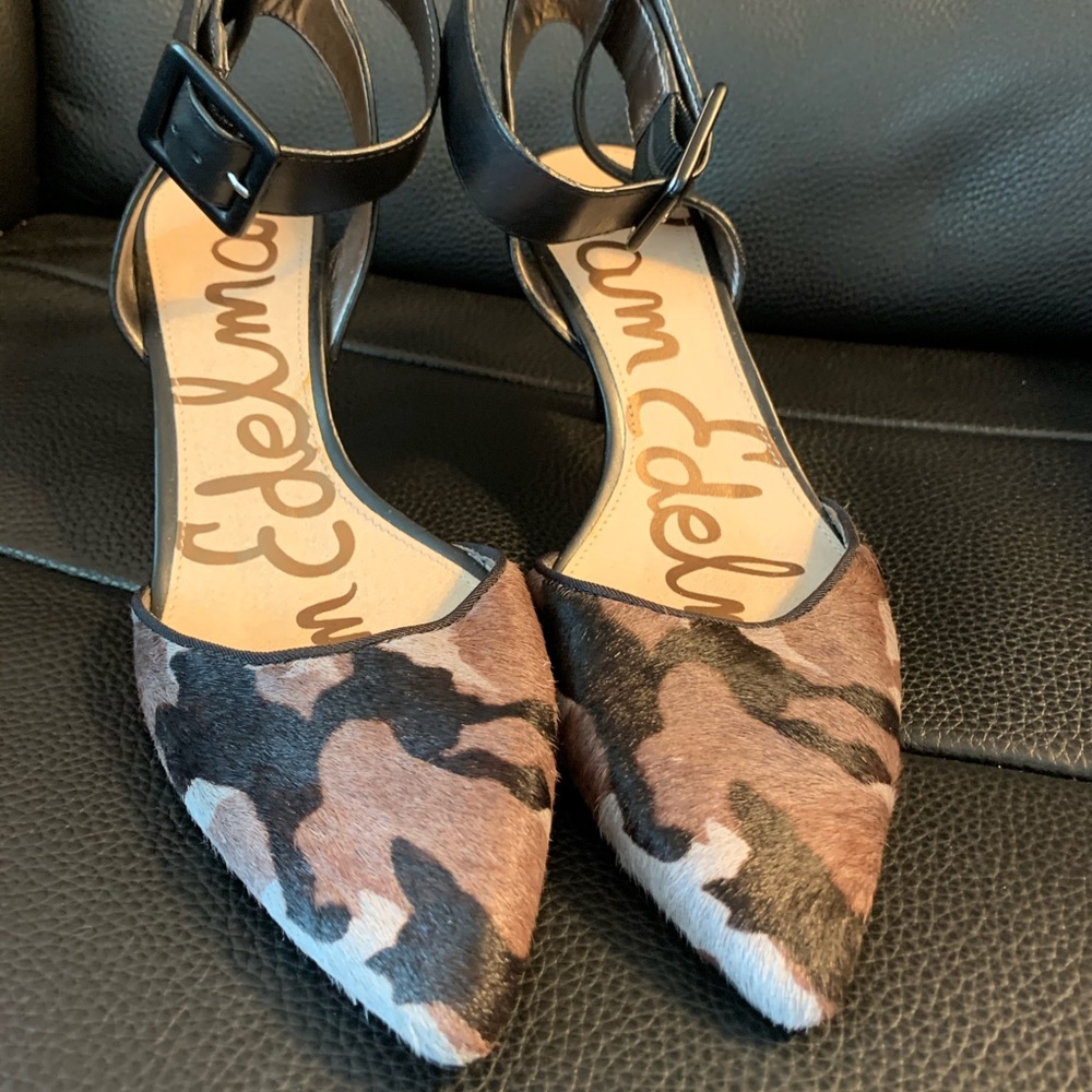 Sam Edelman fur camo ankle strap heels